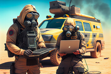 Firefighter team in gas mask working with laptop all terrain SUV on background.