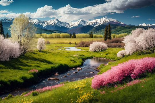 Beautiful spring landscape, mountains, flowers, art illustration 