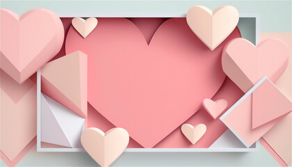 Beautiful horizontal banner with pastel pink tones paper texture decorated with hearts, wedding background. Copy space. Happy Valentine's Day template. Pastel colors. AI generated