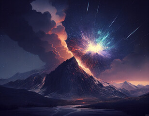 Mountain With Meteor Generative Ai