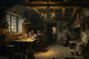 Obraz na płótnie Canvas Interior of a medieval tavern, art illustration 