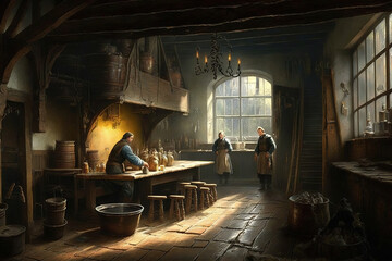 Fototapeta na wymiar Interior of a medieval tavern, art illustration 