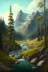 painting natural landscape. mountain meadows, trees, river jets, rocks, a forest, a dawn in the middle of the day and a summer meadow, art illustration 
