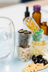 Set of mulvitamin, amino acids, minerals and magnesium antistress, melatonin close-up. Mix of dietary biologically active supplement tablets for healthy diet for every day.