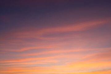 Cloudscape of pink clouds and blue sky, golden hour.