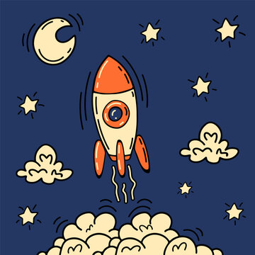 Cartoon rocket with stars, moon and clouds. Cartoon vector illustration.