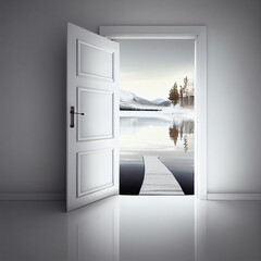 Open door on creative mountain background. Travel, opportunity and dream concept