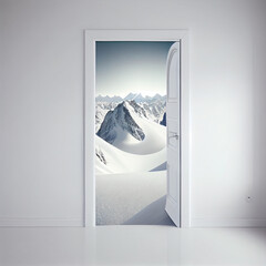 Open door on creative mountain background. Travel, opportunity and dream concept