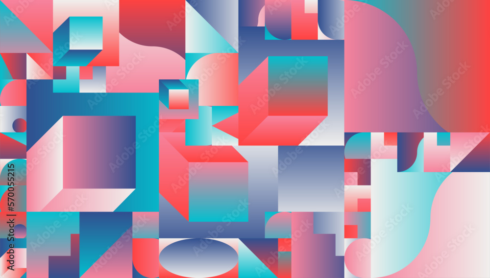 Poster abstract geometric vector pattern with simple 3d shapes bright colors.