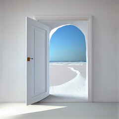 Open door on creative sea and desert background. Travel, opportunity and dream concept