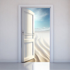 Open door on creative sea and desert background. Travel, opportunity and dream concept