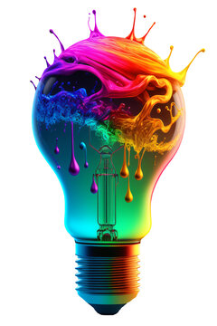 a colorful glowing 3d idea bulb lamp, isolated design element on transparent background, visualization of brainstorming, bright idea and creative thinking, generative ai
