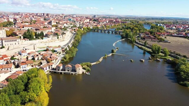 Aerial view of Zamora castle on hilltop, small town along Douro river in Spain.