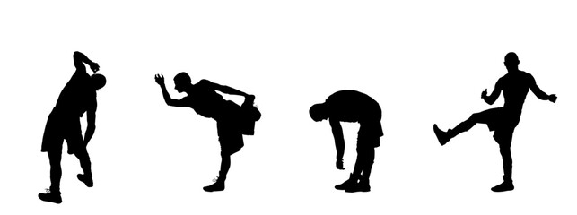 Basketball player stretching vector silhouette illustration isolated on white background. Sportsman boxer warming up, boxing game. Strain racking on court. Sport boy workout in gym. Fit man exercise. 