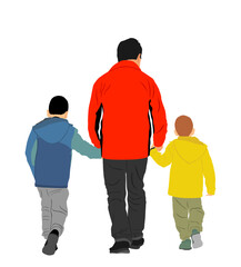 Father and sons hold hands and walking. Dad carrying boys vector illustration. Fathers day. Family love, outdoor activity. Children with parent. Family values. Adopted child enjoy.