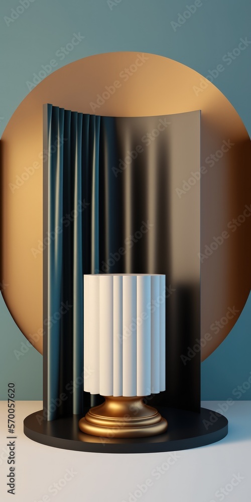 Poster pedestal with a copper border and an empty blue and black cylinder against a background of a gold ci