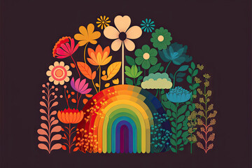 a painting of a rainbow surrounded by flowers