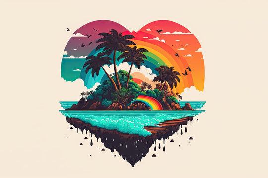 a tropical island with palm trees and a rainbow