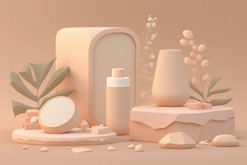 Fototapeta na wymiar Mockup of a simple setting with a stone product podium and copy space for social media banners, promotions, and displays of cosmetic products. pastel scene with beige and cream tones. Generative AI