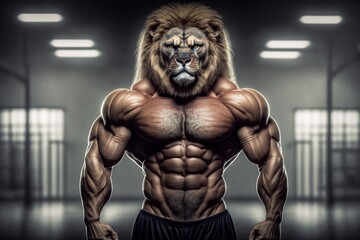 Naklejka na ściany i meble Portrait of a strong male lion in a gym. Bodybuilding concept. Generative AI