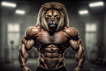 Fototapeta na wymiar Portrait of a strong male lion in a gym. Bodybuilding concept. Generative AI
