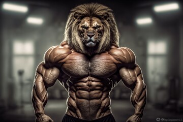 Fototapeta premium Portrait of a strong male lion in a gym. Bodybuilding concept. Generative AI