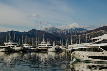 Fototapeta na wymiar Amazing view of yacht marina Porto Montenegro in Tivat, Montenegro. Beautiful sunny day.