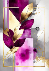 Modern poster with abstract arrangement in vivid style. Colors like magenta, gold, pink, red. Watercolor Illustration and gold elements on white. Floral and geometric mix. Generative AI.