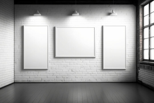 Blank Frame on White Brick Wall in empty room. Template for Design. Mock Up. AI generated.