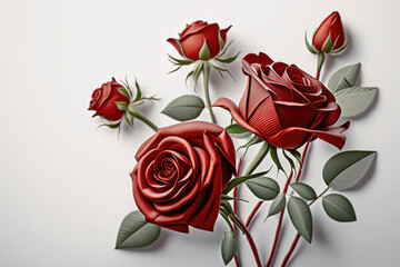 Beautiful red roses with stem and leaves on white background, depicting romantic love, valentine's day, for wallpaper, background