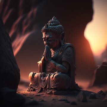 Budah figure in lotus pose, outdoors at sunset, mindfulness concept, Ai Generative.