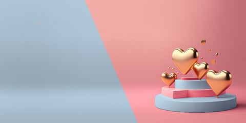 Gold heart and pink and blue podium presentation with pink background. 3d product scene. generated AI