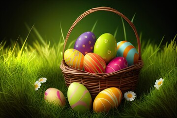 Fototapeta na wymiar Easter basket with easter eggs ion grass, green background. ai generative