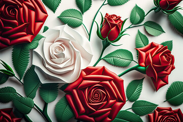 Beautiful red and white roses on white background, depicting romantic love, valentine's day, for wallpaper, background