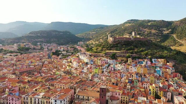 Aerial view of Bosa, a small colourful town near Oristano, Sardinia island, Italy.