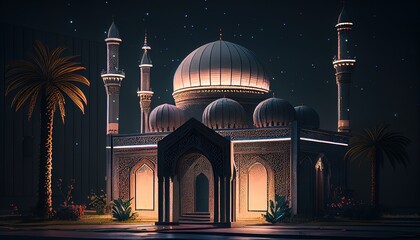 Mosque with orange light and dates tree, Generative Ai