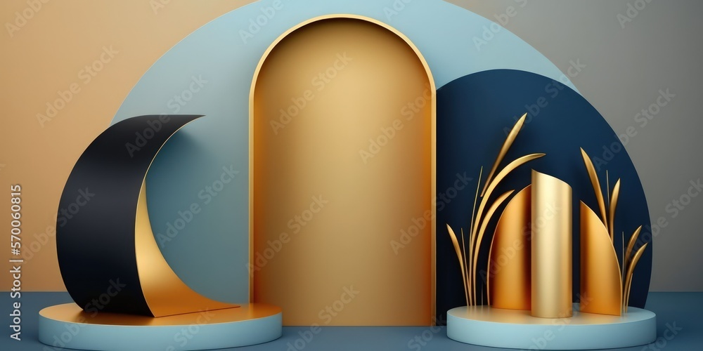 Poster 3 gold circular arch and curtain background with empty blue and black cylinder podium with copper bo