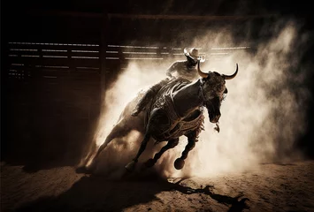 Poster Bucking bull riding in the dusty arena of a country rodeo, generative Ai © Jackson Photography