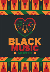 Black Music Month in June. African-American Music Appreciation Month. Celebrated annual in United States. Music concept. Poster, card, banner and background. Vector illustration