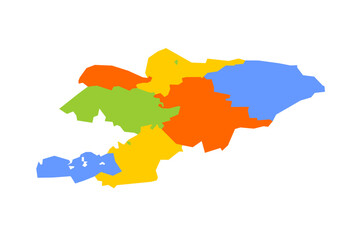 Kyrgyzstan political map of administrative divisions - regions and independent cities of Bishkek and Osh. Blank colorful vector map.