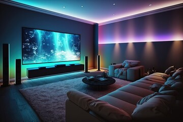 Home cinema, living room with colored LED lighting - Smart home. AI