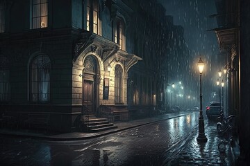 Old night city lit by street lamps during the rain, empty streets, wet asphalt. AI
