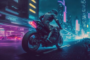 Futuristic sport bike with racer in night city, motorcycle cyberpunk background. AI