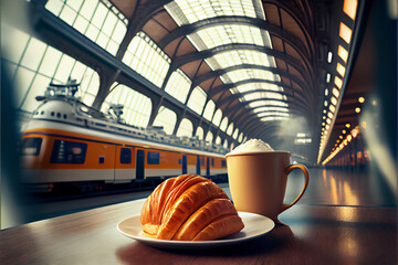 Croissant with coffee, breakfast at the train station - obrazy, fototapety, plakaty