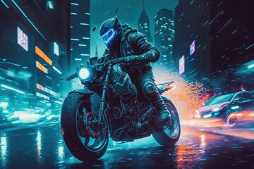 Futuristic sport bike with racer in night city, motorcycle cyberpunk background. AI