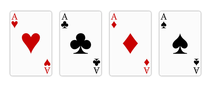 Set of four aces playing cards suits. Winning poker hand. Set of hearts, spades, clubs and diamonds ace