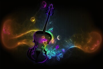 Violin in neon colors and background on motif sound waves. Generative ai illustration