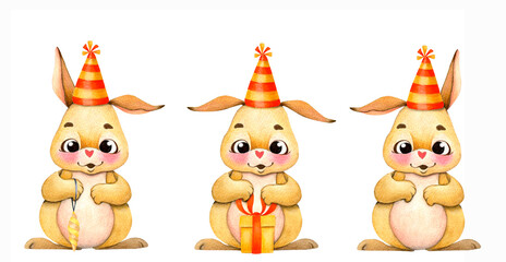 Watercolor illustration of cartoon rabbit, bunny, hare. A set of three cute bunnies in caps for children's design. Isolated on white background. Drawn by hand.