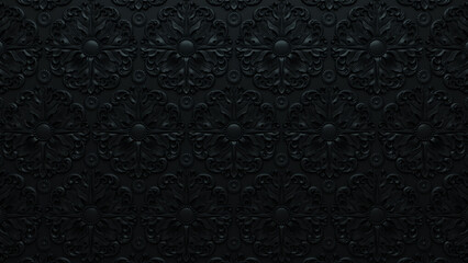 Black 3D Rococo Pattern Background. Elegant Dark Ornate Wallpaper.