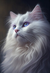 Portrait of a Pure White Longhaired Cat with Lilac Blue Eyes 
